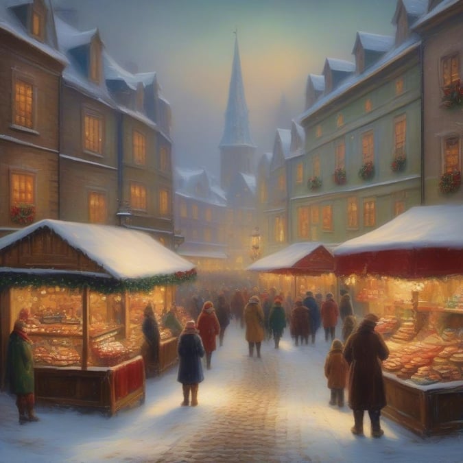 This lively market scene captures the joy of holiday shopping, with people gathered around stalls adorned with festive decorations and lights. The snow-covered street and the glowing warmth from shop windows create a cozy atmosphere.