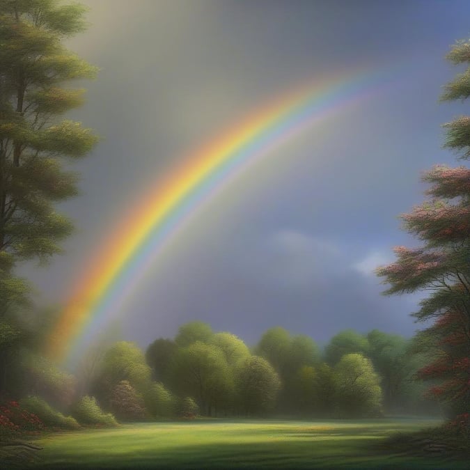 A beautiful, clear rainbow arcs through the sky above an open forest. The green foliage contrasts with the vibrant colors of the rainbow.