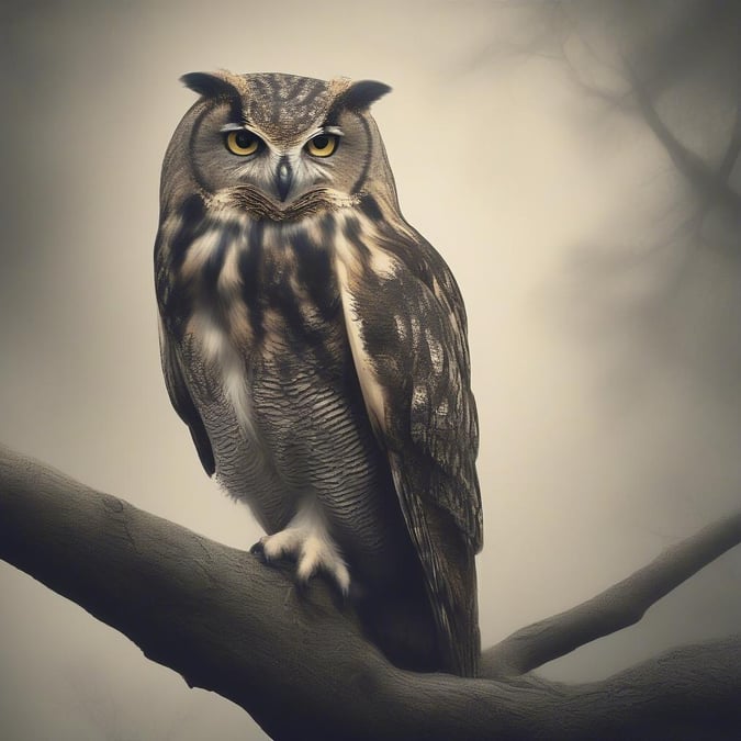 An owl perched on a branch, its gaze intense and alert. This high-resolution wallpaper will bring a touch of nature's wisdom to your desktop.