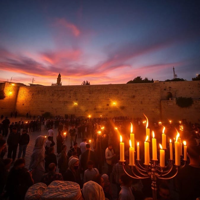 A vibrant gathering at the Western Wall, Jerusalem, to celebrate Hanukkah with lit candles and a crowd of people.