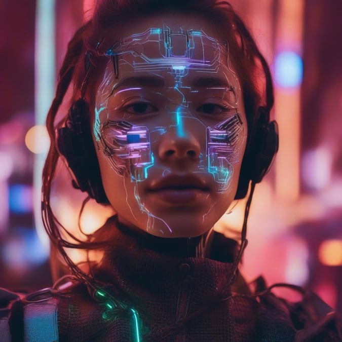 A woman immersed in the neon glow of cybernetic enhancements, blending human with digital. The future is not just about survival but also the harmony between nature and technology.