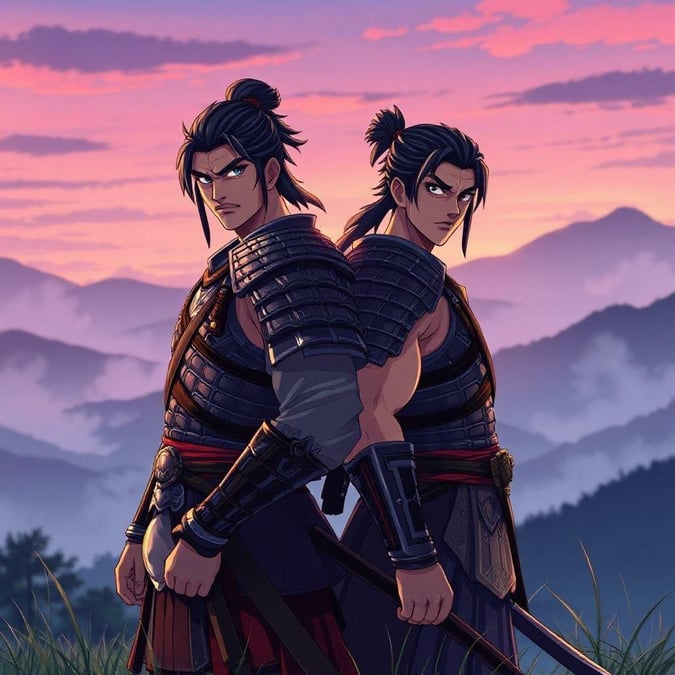 This stunning anime wallpaper features two warriors standing back to back, their armor and weapons at the ready as they gaze out at a breathtaking sunset.