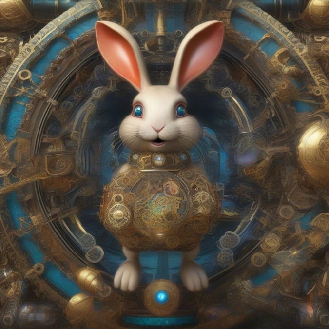 A charming bunny in a fantastical setting celebrates the beginning of an advanced new year, perhaps signifying technological advancement or cybernetic enhancements.