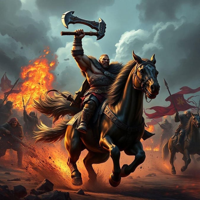 This fantasy wallpaper features a muscular warrior riding a horse, wielding an axe and charging into battle. The image captures the intensity and power of the warrior as he rides through the battlefield, surrounded by flames and chaos.