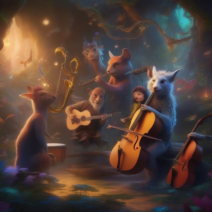 A whimsical gathering of creatures playing musical instruments in a forest clearing.