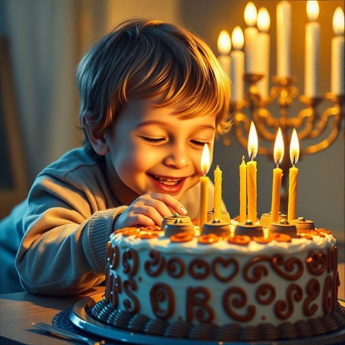 A young boy happily lights the Hanukkah candles on a cake, with golden candles glowing in the background.