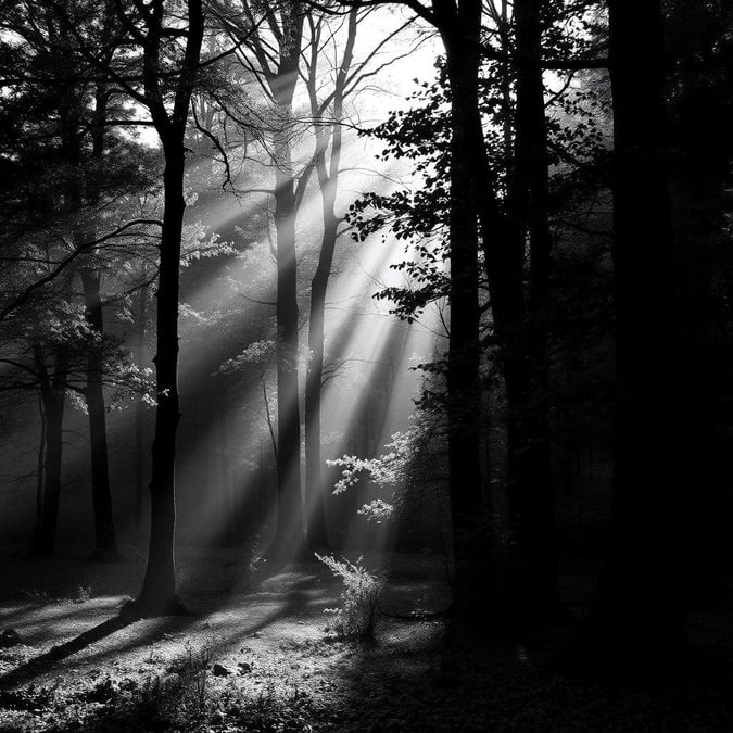 A serene black and white forest scene, with sunlight streaming through the canopy overhead creating a magical atmosphere. The path invites you into the depth of the woods.