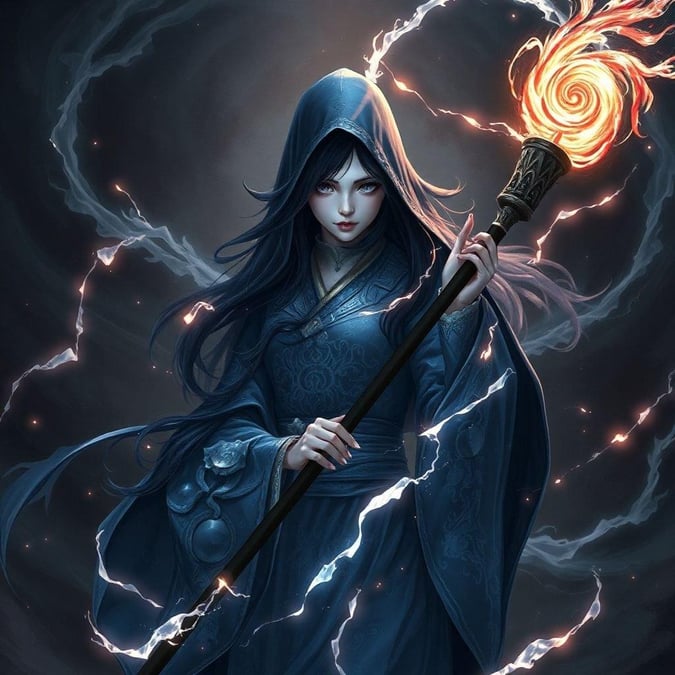 This captivating digital illustration depicts an ethereal priestess, her staff a focal point for summoning a swirling storm of energy. The mysterious figure, shrouded in mystery, is positioned centrally, her face partially hidden by a dark, mystical background, adding depth and a sense of enchantment.