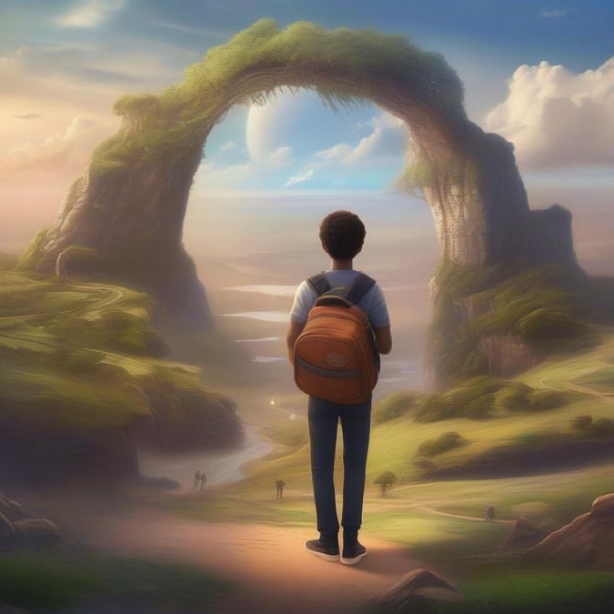 This image captures a moment of contemplation and reflection as a young man stands before a majestic natural archway, symbolizing the beginning of a new chapter in his life.