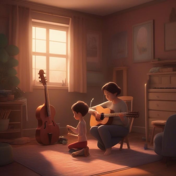 A tender moment in a cozy room, where a mother teaches her child how to play the guitar.