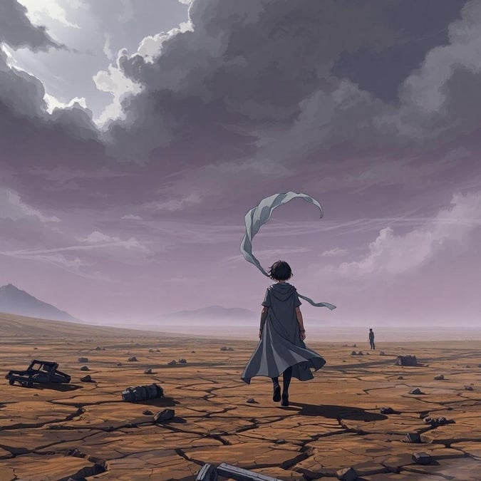 An anime character ventures through a desolate landscape, where the world has fallen into ruins. The expansive desert and distant mountain range suggest a vast, once-thriving civilization now reduced to rubble under an overcast sky. This scene evokes feelings of solitude and reflection amidst the stark beauty of a post-apocalyptic world.