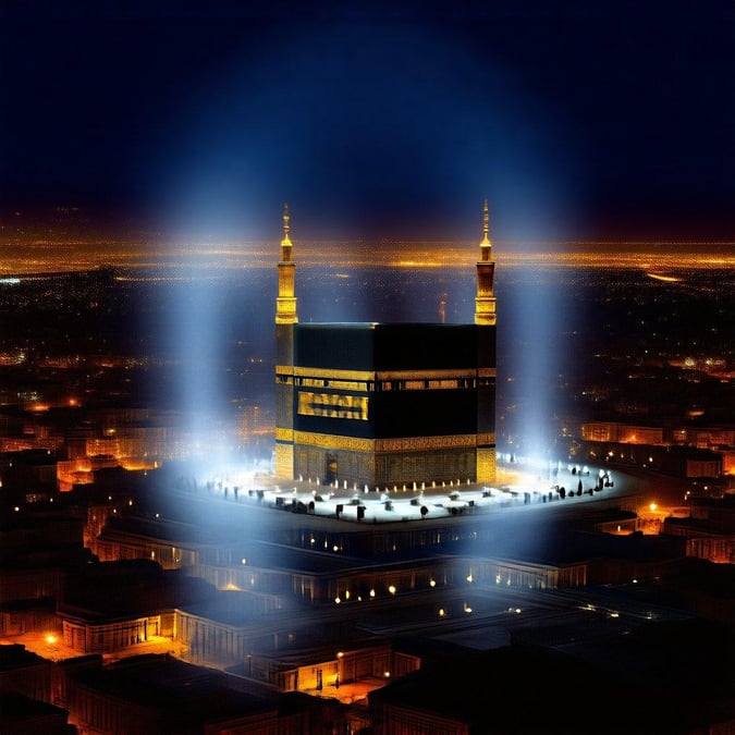 The magnificent Kaaba, the heart of Islam, bathed in white lights that reflect off its gleaming surface and create a mesmerizing glow against the night sky. The surrounding area is lit with warm yellow lights, casting a welcoming ambiance on this holy site. This image captures the spiritual significance of Mecca during Ramadan & Eid celebrations.