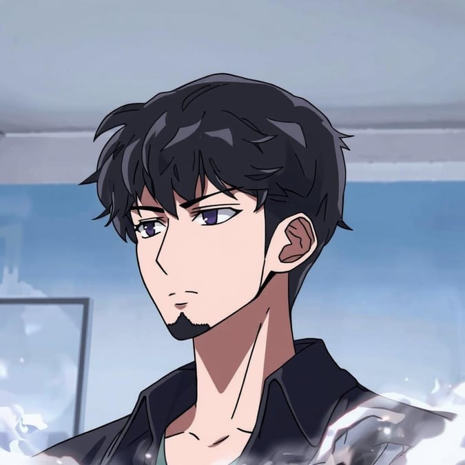 This anime wallpaper features a close-up view of a character with a short black hairstyle and beard, looking to the left. The character is wearing a black shirt and has a black cap on, set against a light blue background with a white wall and gray ceiling.