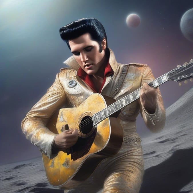 Elvis Presley, the King of Rock 'n' Roll, reaches beyond the Earth to become the first cosmic crooner in this otherworldly wallpaper. Dressed in his iconic white and gold suit with a red shirt, he strums his guitar against the backdrop of space, creating an image as timeless as his legacy.