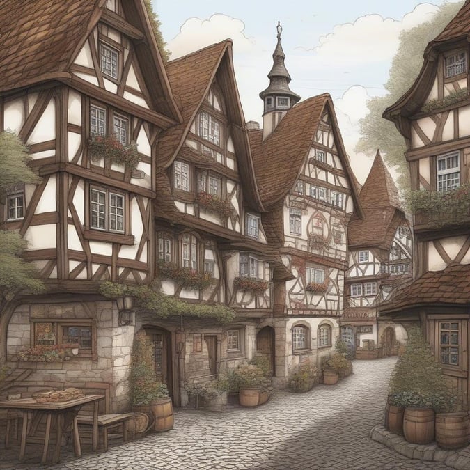 Step into the heart of Oktoberfest with this captivating wallpaper, showcasing a picturesque cobblestone street lined with traditional half-timbered houses. The scene is set against a serene blue sky with white clouds, creating a warm and inviting atmosphere perfect for desktop and mobile use.