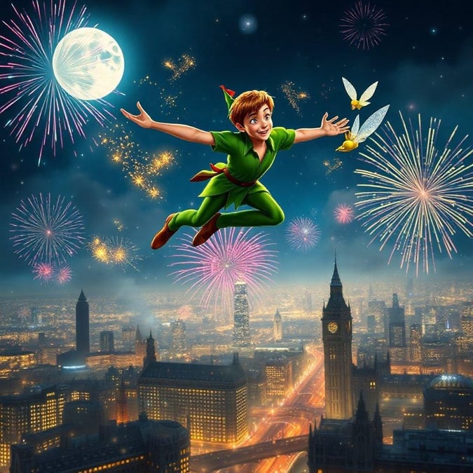 The ever-young Peter Pan soars into the night sky, celebrating a magical New Year's Eve with his loyal sidekick Tinker Bell. The city below sparkles with fireworks against the backdrop of London's iconic landmarks.