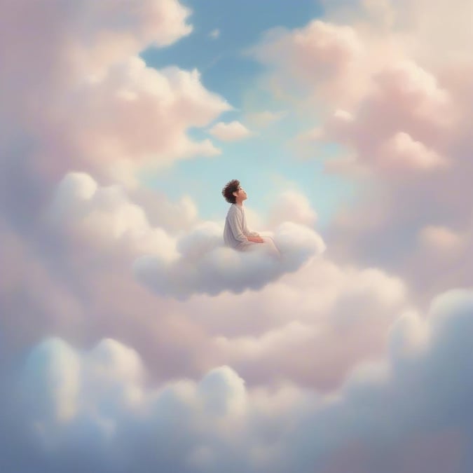 A peaceful, uplifting scene featuring a person in meditative pose, surrounded by fluffy clouds, symbolizing serenity and contemplation. The pink and blue colors evoke tranquility and calmness, making this wallpaper ideal for those seeking inspiration or looking to maintain a mindful environment.