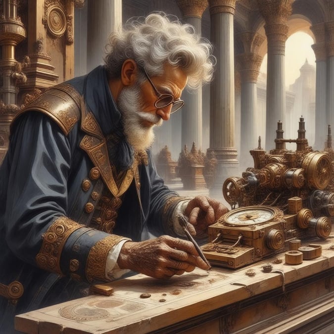 Tauchen Sie ein in eine Welt voller Wunder mit dieser atemberaubenden digitalen Illustration eines Steampunk-Erfinders bei der Arbeit. Die filigranen Details seiner Uhrwerke und Maschinen sind ein Zeugnis seines Einfallsreichtums und seiner Kreativität, vor der grandiosen Kulisse eines alten Tempels. Dieses fesselnde Bild ist perfekt für Fans von Science-Fiction und Fantasy und bietet einen Einblick in eine Welt, in der Technologie und Magie nahtlos verschmelzen.