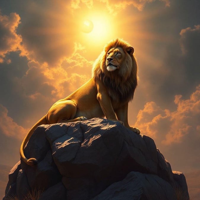 As the sun rises, the lion sits proudly atop a rocky outcropping, surveying its kingdom with an air of regal authority. The scene is bathed in warm hues, as if the very dawn itself has granted the lion's gaze its blessing.