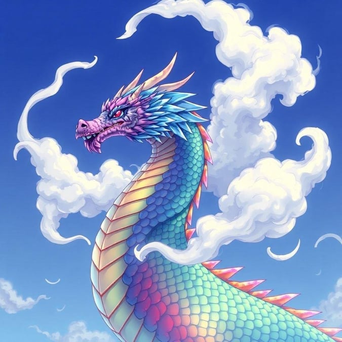 Um majestoso dragão empoleirado na borda de um penhasco, suas escamas são um vibrante mosaico de cores do arco-íris. O céu azul serve como um fundo sereno, enquanto longas nuvens brancas em espiral adicionam um senso de movimento à cena. A fumaça sobe suavemente da boca do dragão, adicionando um ar de mistério e intriga. Este papel de parede fantástico captura um momento de calma em meio ao caos.