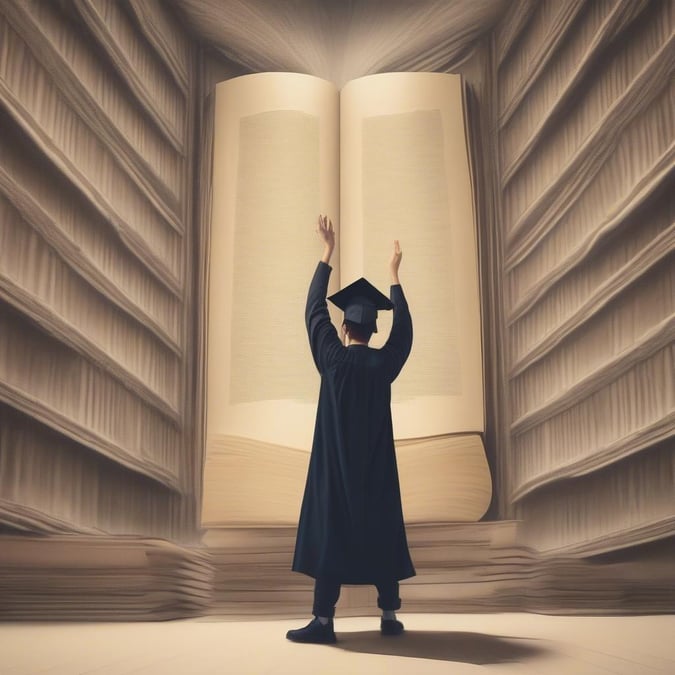 A graduate celebrates their achievement in front of a large bookshelf, symbolizing their love for learning and academic success.