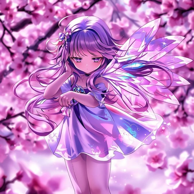 This anime fairy image is a beautiful and imaginative artwork that captures a moment of tranquility and stillness. The fairy's iridescent wings and kaleidoscope of pink and purple hair are surrounded by cherry blossoms, creating a whimsical and dreamy atmosphere. The blurred background of pink flowers adds depth and texture to the image, making it perfect for desktop and mobile use. The image is a great representation of the anime category, with its vibrant colors and fantastical elements.