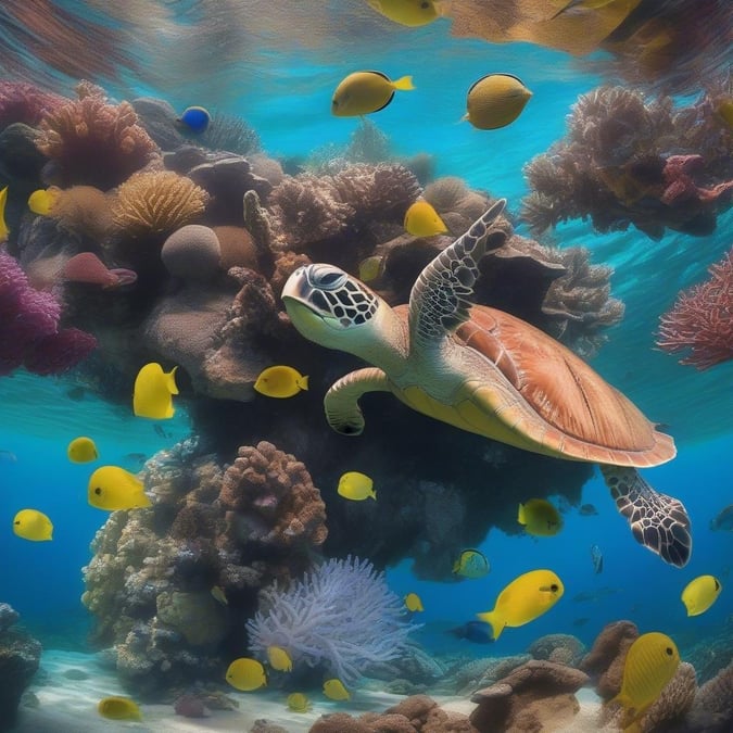 This stunning wallpaper captures the essence of the ocean's beauty, featuring a sea turtle gliding effortlessly through the water, surrounded by a kaleidoscope of fish and coral.