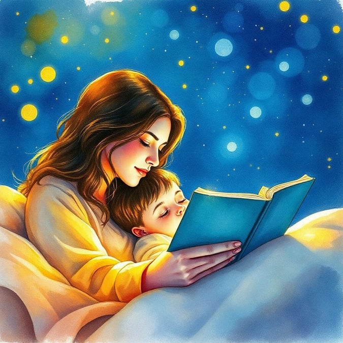 A heartwarming scene of a mother and child reading together under the stars, capturing the essence of Mother's Day.