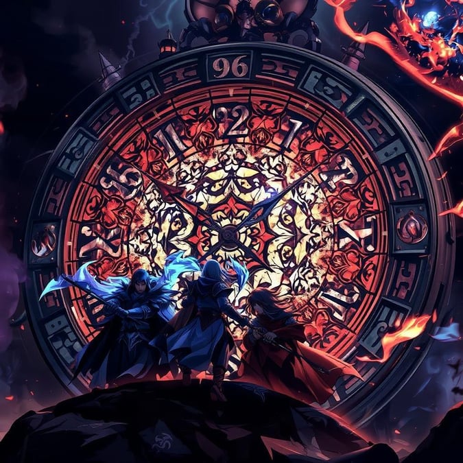 This enchanting wallpaper features a large, colorful clock with intricate patterns and a glowing face, set against a dark background. The clock's hands are a kaleidoscope of magical warriors, their silhouettes capturing a moment of quiet contemplation.