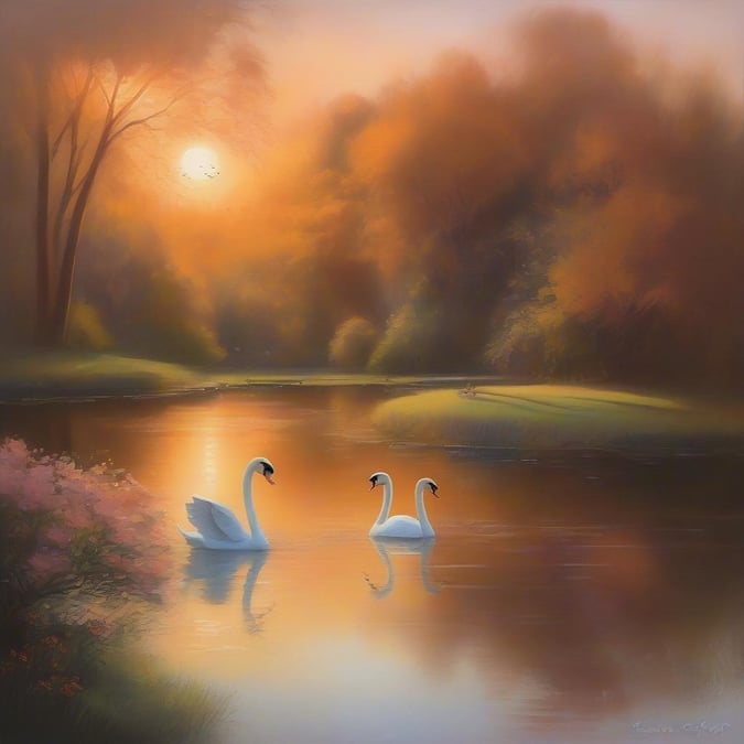 A magical moment captured in time as two swans glide gracefully across a tranquil lake at sunset. The warm glow of the setting sun casts a peaceful ambiance over the scene, making it a perfect backdrop for celebrations like weddings and anniversaries.