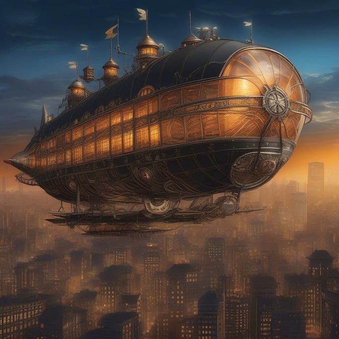 Ett steampunk-inspirerat luftskepp svävar över en livlig metropol, dess propellrar brinner av lågor och skapar en anime-liknande scen.