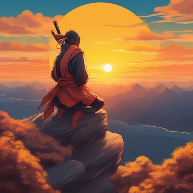 This anime-style illustration captures a serene moment of a ninja gazing out at a breathtaking sunset, set against the majestic backdrop of a mountain range.