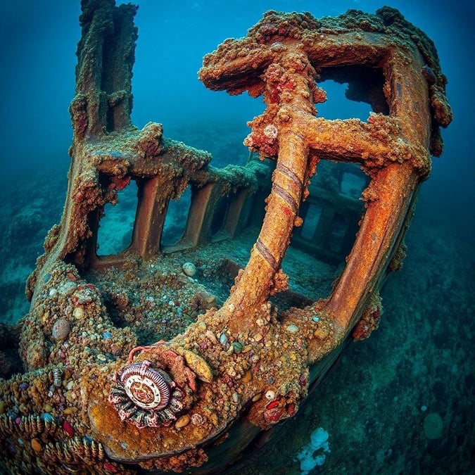 This image captures the beauty and mystery of an underwater shipwreck, a fascinating sight for any ocean enthusiast.