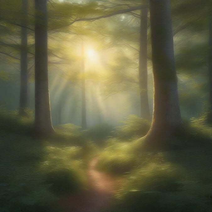 A serene path through a lush forest, bathed in the soft glow of sunlight filtering through the verdant canopy.