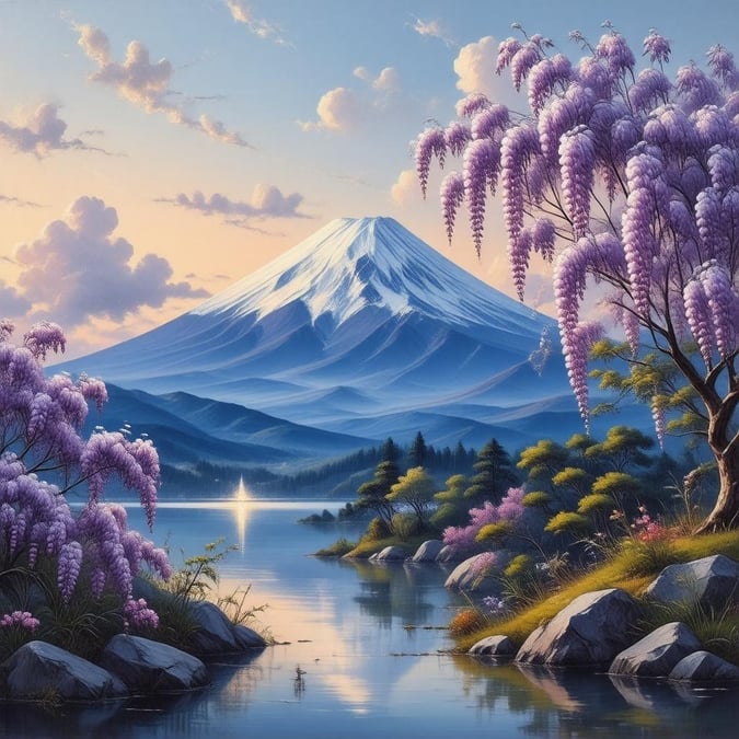 Tauchen Sie ein in die ruhige Schönheit dieser Anime-Landschaft, in der der Fuji majestätisch zwischen blühenden Glyzinien steht, vor einem atemberaubenden Himmel in sanften Rosa- und Orangetönen, mit flauschigen Wolken, die Tiefe und Gelassenheit verleihen.