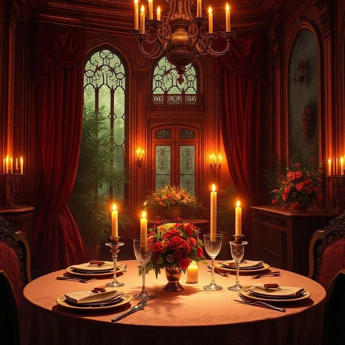 This cozy scene captures the essence of a romantic Valentine's dinner. Candlelight dances across the table, casting an intimate glow on the vibrant flowers that add a touch of spring to the room. The candelabra stands tall, casting a warm light on the couple at the center of the scene. Surrounded by elegant chairs and a table adorned with fine china and crystal, this setting evokes a sense of classic elegance and romantic charm.