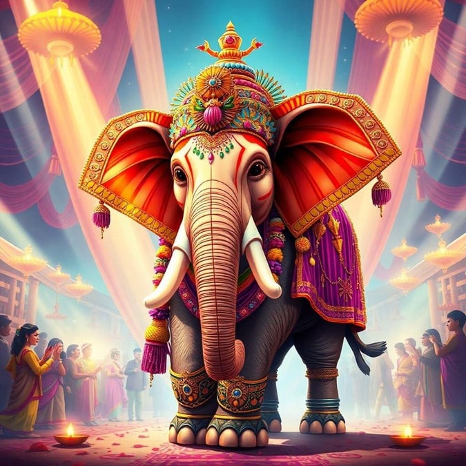 This colorful wallpaper captures the spirit of the Indian festival of lights, Diwali. The centerpiece is Lord Ganesha, the elephant-headed deity, adorned in rich jewelry and a crown. He's surrounded by devotees, their faces lit up with joy as they celebrate the occasion. The festive decorations and the presence of Ganesha make this wallpaper perfect for Diwali festivities.