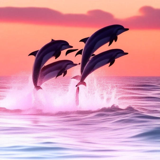 This beautiful wallpaper features a group of dolphins jumping out of the water at sunset. The vibrant colors of the sky and the ocean create a stunning visual effect, making this image perfect for anyone who loves nature and wildlife.