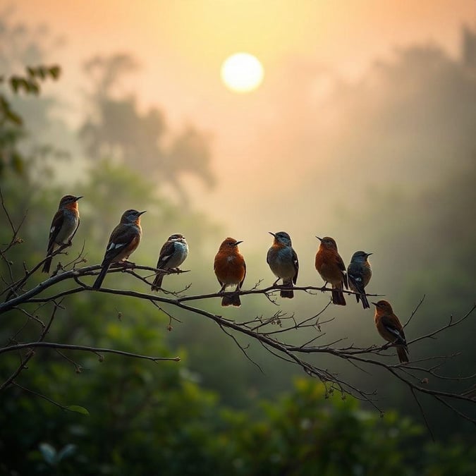 Six birds awaken to the morning sun in a tranquil meadow, their chorus of songs echoing through the misty air.