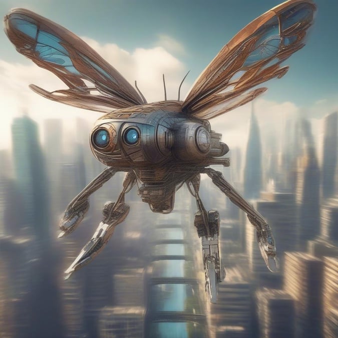 This image is a stunning representation of a robot bee flying in the sky, showcasing its advanced technology and capabilities.