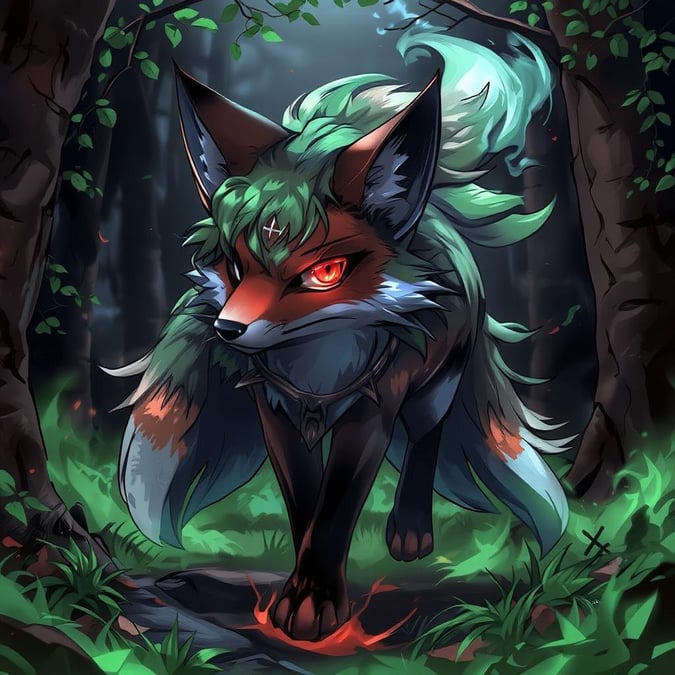 A beautiful anime illustration of a fox spirit walking through a forest, its fur a vibrant green and brown, with a mysterious blue face and a large red eye, set against a dark background.