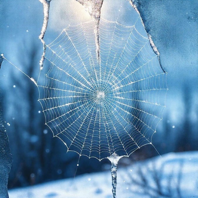 A delicate frozen web spun in the crisp chill of winter, with snowflakes gently falling like a silent symphony.