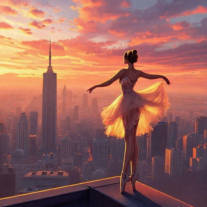 A woman in an elegant dress dancing gracefully on the edge of a city skyline, symbolizing the blend of artistry and urban life.