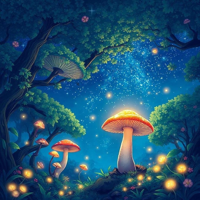 Una scena fantasiosa ambientata in una foresta incantata piena di funghi luminosi e lucciole. Il fungo magico al centro dell'immagine si distingue sullo sfondo di un cielo notturno stellato, creando un senso di meraviglia e tranquillità.