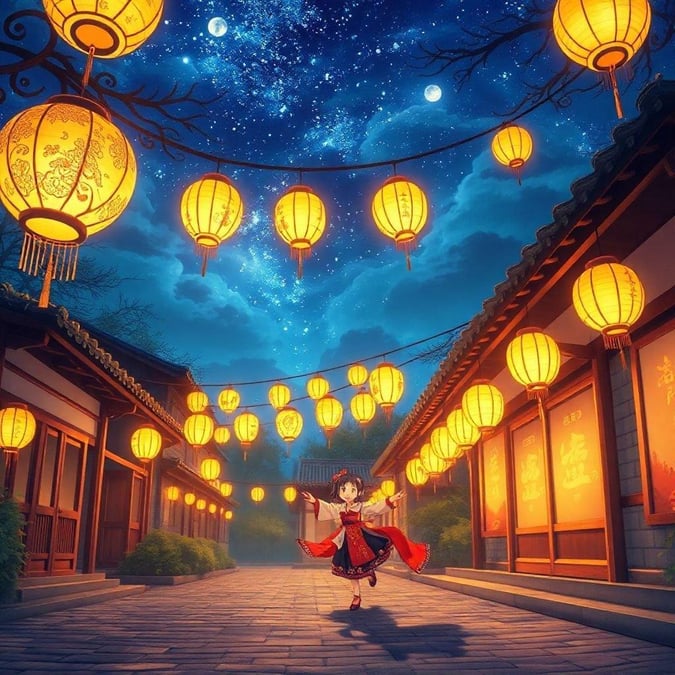 An animated scene of a nighttime lantern parade in a traditional Japanese district. A yokai adds an ethereal touch to this lively celebration.