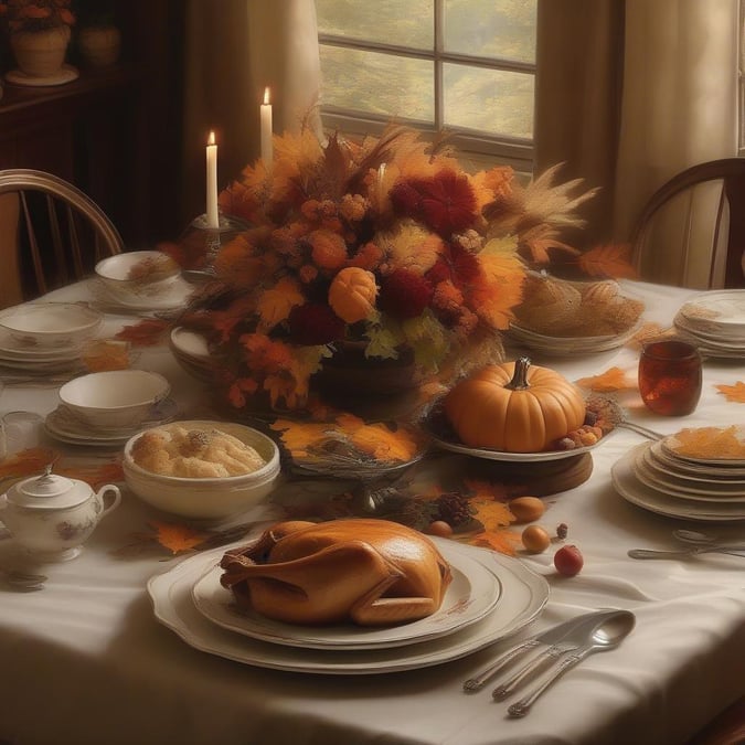 A beautifully set dining table, adorned with traditional Thanksgiving fare including a roasted turkey, stuffing, and pumpkin pie. The table is arranged for a family gathering, evoking warmth and gratitude.