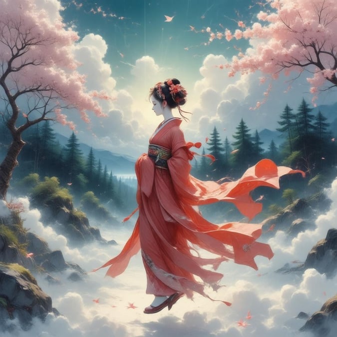 A tranquil anime-style illustration showcasing a geisha gracefully floating amidst cherry blossoms and a lush forest. The scene is a harmonious blend of nature and technology, offering a peaceful escape into a dreamlike world.