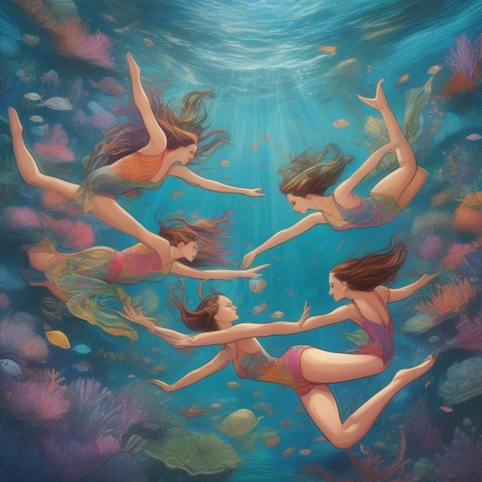 Dancers gracefully performing underwater ballet, surrounded by vibrant marine life.