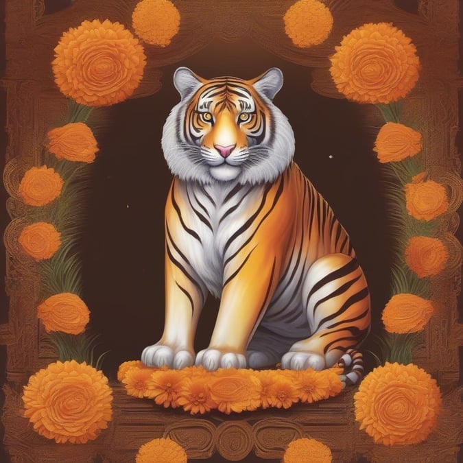 Sit back and celebrate Diwali in style with this majestic tiger wallpaper. The golden hues of the image capture a sense of warmth, while the orange flowers add a festive touch to the scene.