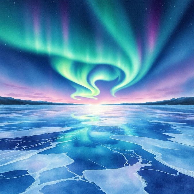 A tranquil scene at sunset with the northern lights painting a spectacular display over a frozen lake. This peaceful wallpaper showcases the majestic auroras and the serene beauty of an Arctic landscape.